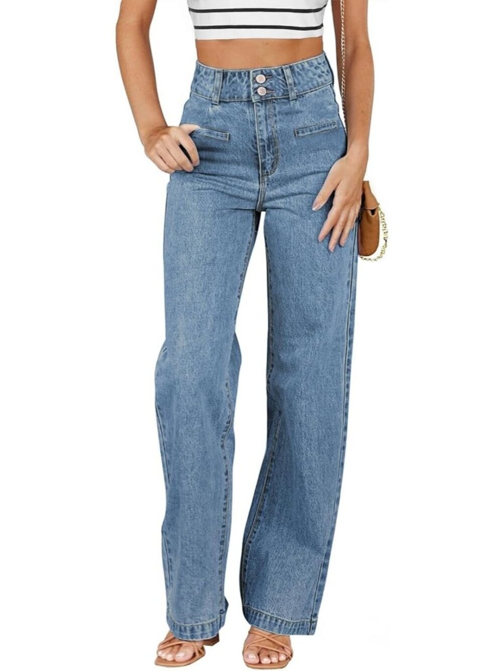 Women's Blue High Waisted Dual Button Closure Full Length Leg Jean With Pocket